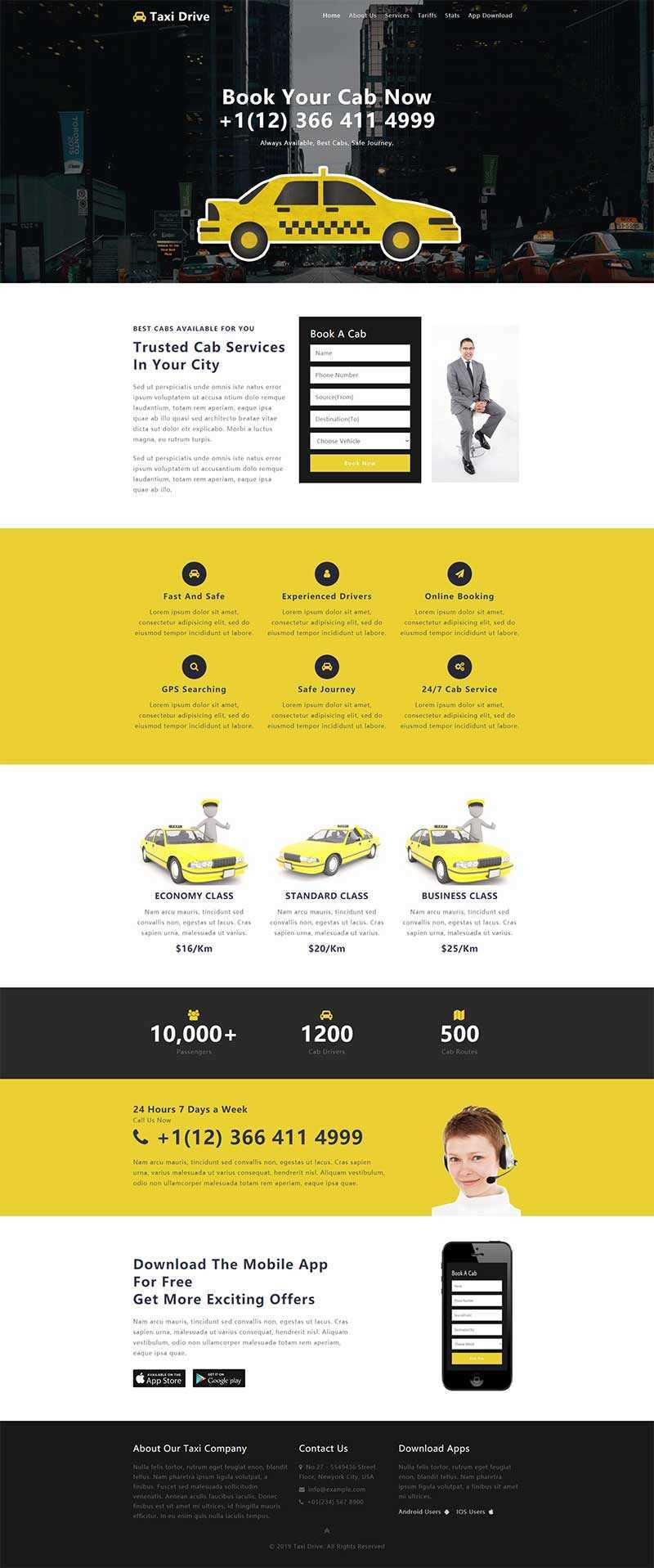 黄色出租车服务网站单页响应式网页html模板 - 淘金派资源网