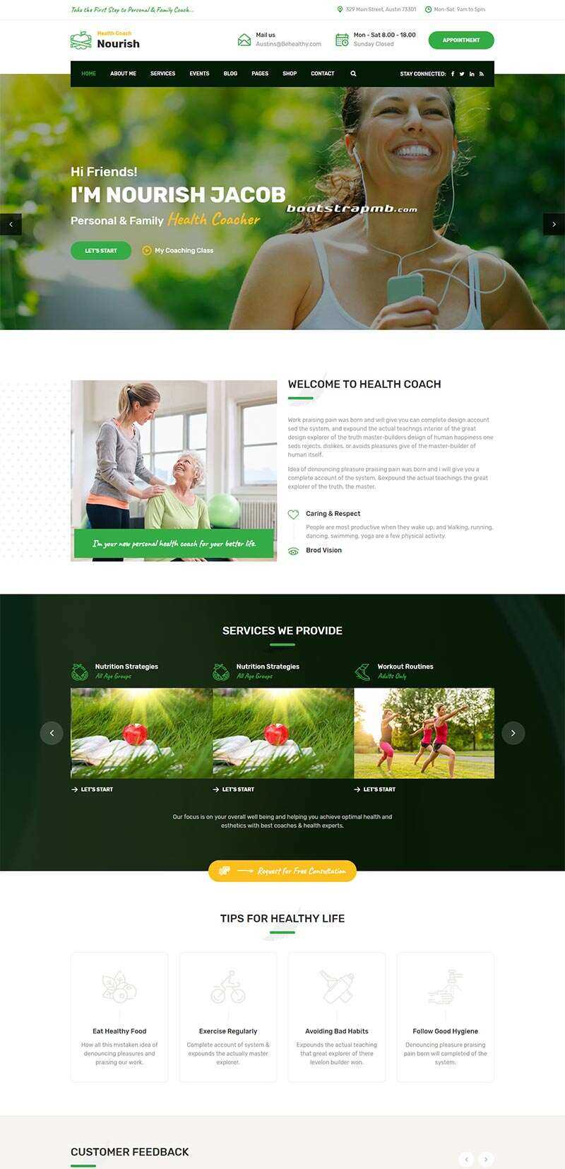 Bootstrap绿色的健康指导生活服务网站html模板 - 淘金派资源网