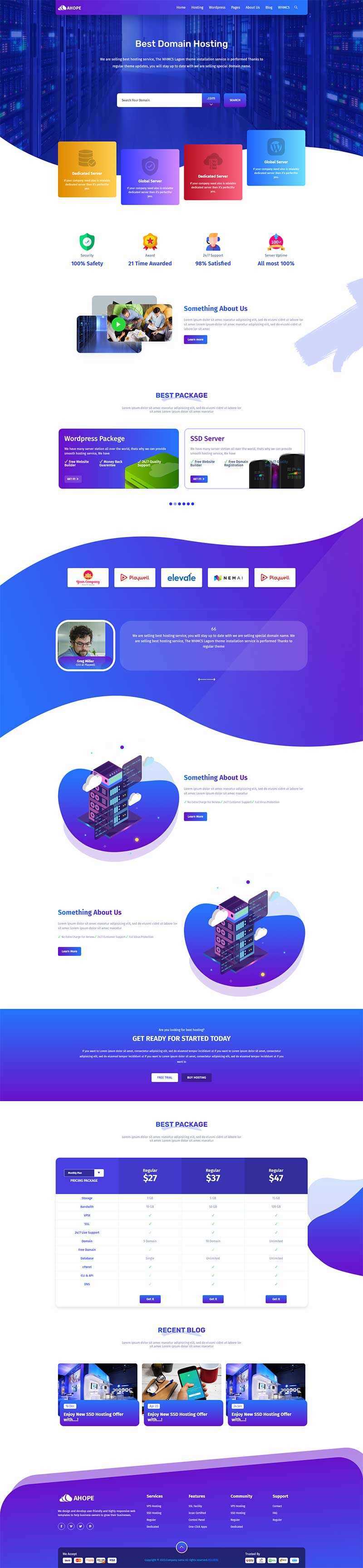 蓝色风格域名服务器托管服务公司网站html模板 - 淘金派资源网