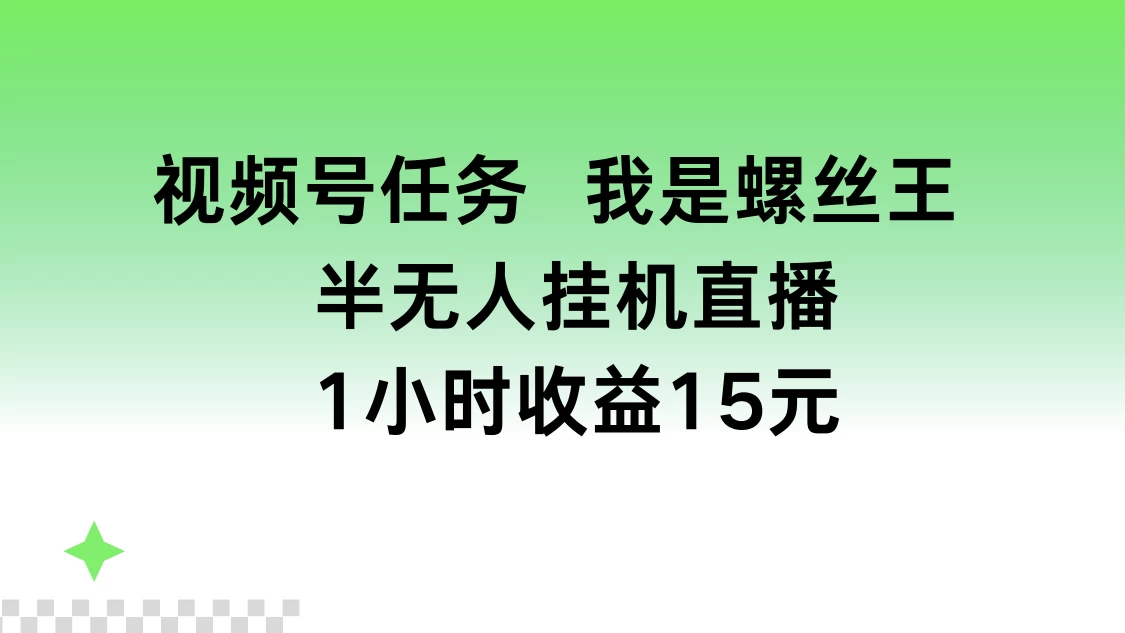 视频号任务，我是螺丝王， 半无人挂机1小时收益15元 - 淘金派资源网