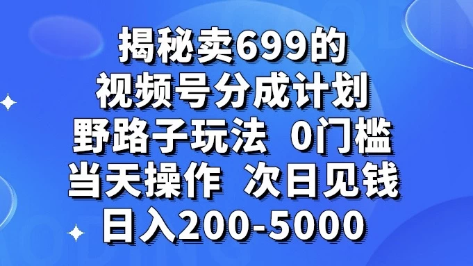 揭秘卖 699 的视频号分成计划野路子玩法，日入 200-5000，0 门槛，当天操作，次日见钱 - 淘金派资源网