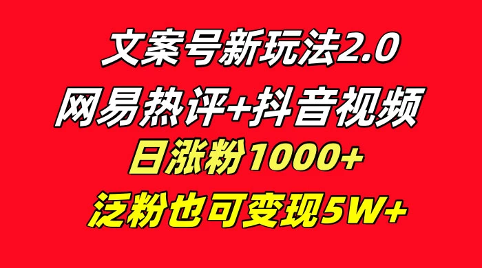 文案号新玩法,网易热评+抖音文案 一周轻松涨粉 5W+ 多种变现模式 - 淘金派资源网