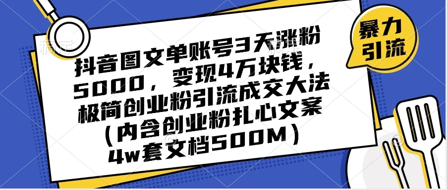 抖音图文单账号 3 天涨粉 5000，变现 4 W，极简创业粉引流成交大法（内含扎心文案） - 淘金派资源网