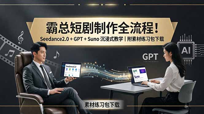 霸总短剧制作全流程！Seedance2.0 + GPT + Suno 沉浸式教学｜附素材练习包下载 - 淘金派资源网