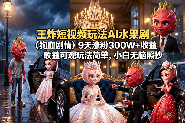 王炸短视频玩法AI水果剧(狗血剧情)9天涨粉300W+收益可观玩法简单，小白无脑照抄，详细拆解玩法 - 淘金派资源网