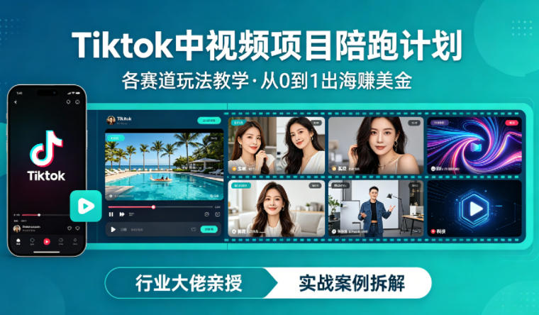 某大佬的Tiktok中视频项目陪跑，涵盖TK各个赛道玩法教学，从0到1出海賺美金 - 淘金派资源网