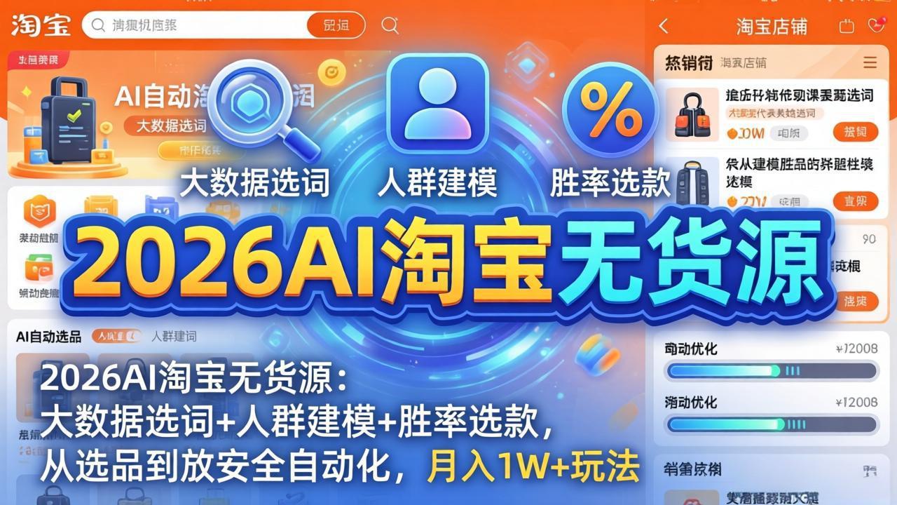 2026AI淘宝无货源：大数据选词+人群建模+胜率选款，从选品到放大全自动化，月入1W+玩法 - 淘金派资源网