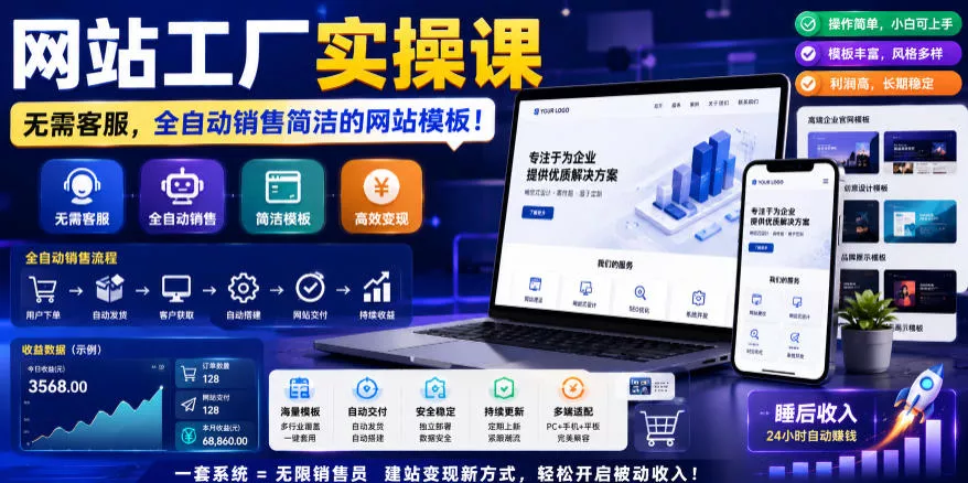 网站工厂实操课，无需客服，网站模板自动赚钱！【原创双语字幕】 - 淘金派资源网