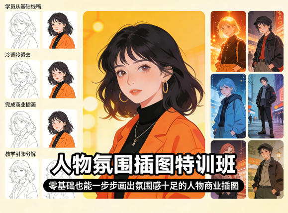人物氛围插图特训班，零基础也能一步步画出氛围感十足的人物商业插图 - 淘金派资源网