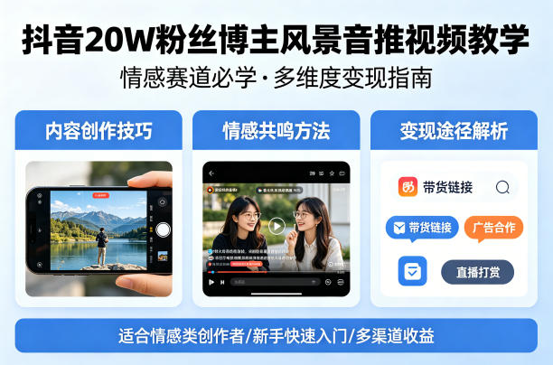 抖音20W粉丝博主风景音推视频教学，情感赛道必学，各种变现途径 - 淘金派资源网