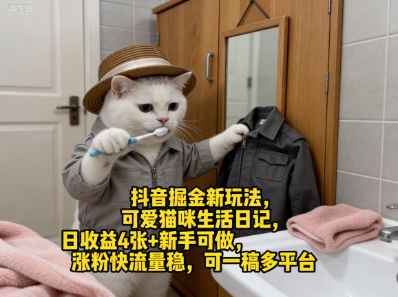 抖音掘金新玩法，可爱猫咪生活日记，日收益4张+新手可做，涨粉快流量稳，可一稿多平台 - 淘金派资源网