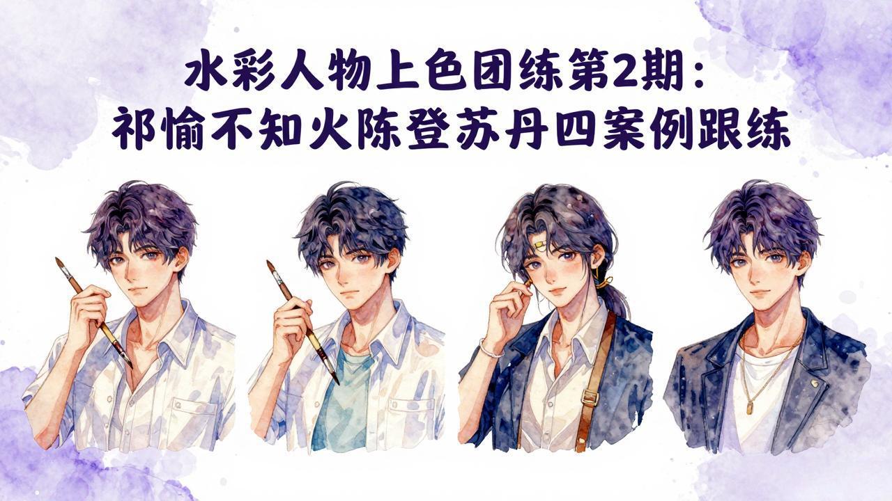 水彩人物上色团练第2期：祁煜不知火陈登苏丹四案例跟练，手把手提升绘画能力 - 淘金派资源网