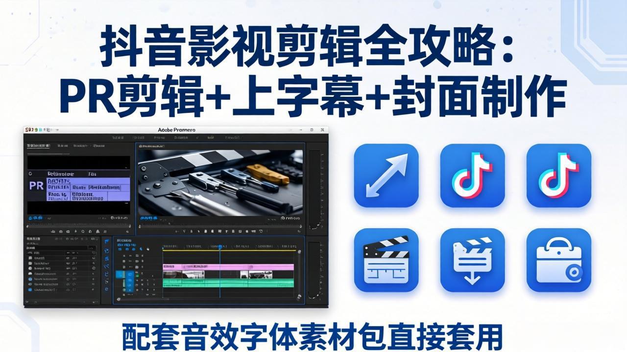 抖音影视剪辑全攻略：PR剪辑+上字幕+封面制作，配套音效字体素材包直接套用 - 淘金派资源网