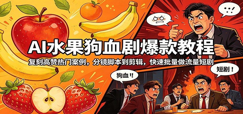 AI水果狗血剧爆款教程：复刻高赞热门案例，分镜脚本到剪辑，快速批量做流量短剧 - 淘金派资源网