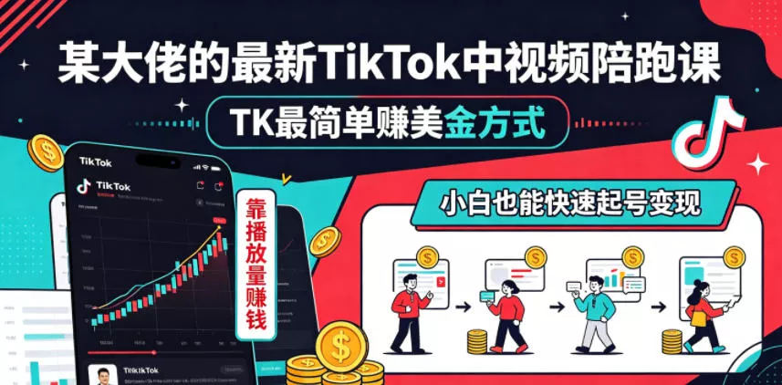 某大佬的最新TikTok中视频陪跑课，TK最简单賺美金方式，靠播放量賺钱，小白也能快速起号变现 - 淘金派资源网