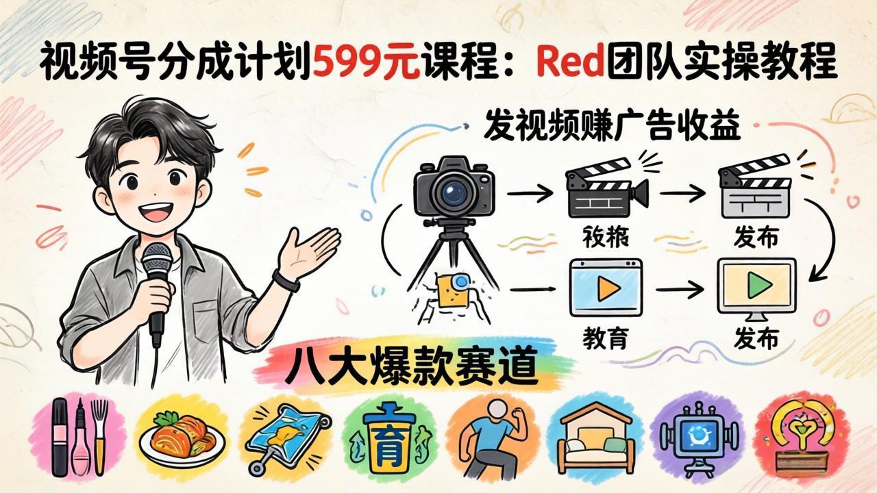 视频号分成计划599元课程：Red团队实操教程，发视频赚广告收益，八大爆款赛道全掌握 - 淘金派资源网