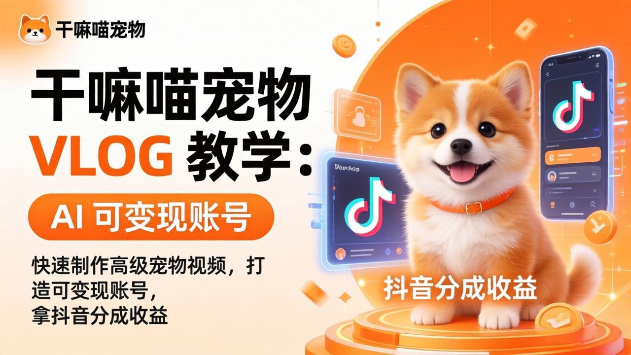 干嘛喵宠物 VLOG 教学：AI 快速制作高级宠物视频，打造可变现账号，拿抖音分成收益 - 淘金派资源网