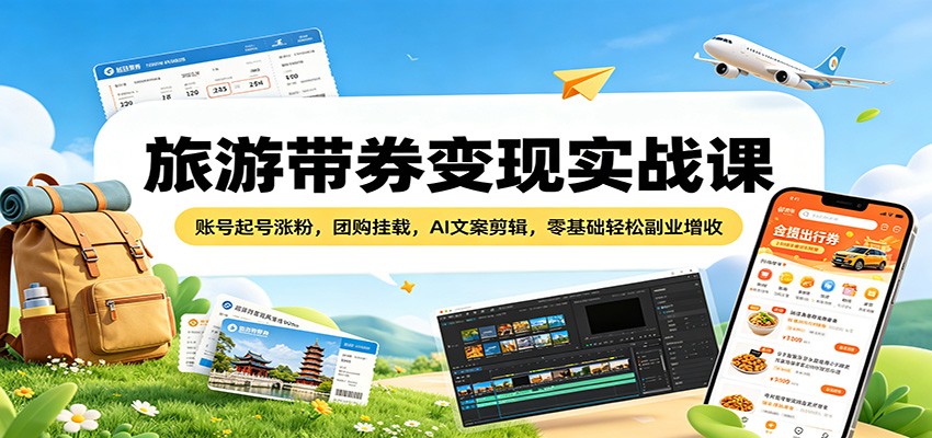 旅游带券变现实战课：账号起号涨粉，团购挂载，AI文案剪辑，零基础轻松副业增收 - 淘金派资源网