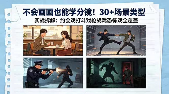 不会画画也能学分镜！30+场景类型实战拆解：约会戏打斗戏枪战戏恐怖戏全覆盖 - 淘金派资源网