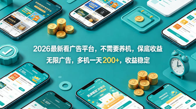 2026最新看广告平台，不需要养机，保底收益，无限广告，多机一天200+，收益稳定【揭秘】 - 淘金派资源网
