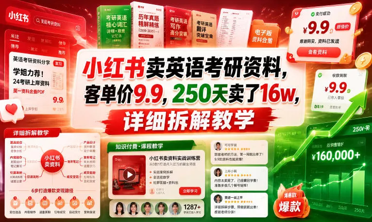 小红书卖英语考研资料，客单价9.9，250天卖了16w，详细拆解教学 - 淘金派资源网
