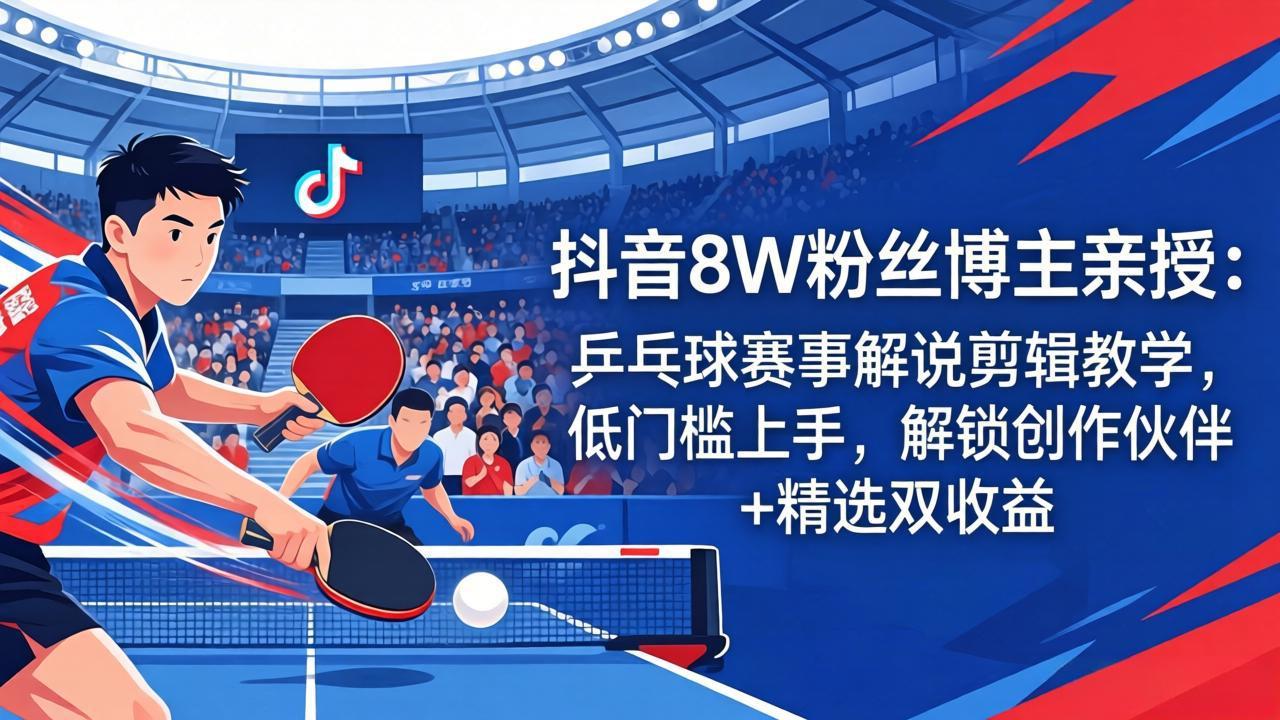 抖音8W粉丝博主亲授：乒乓球赛事解说剪辑教学，低门槛上手，解锁创作伙伴+精选双收益 - 淘金派资源网