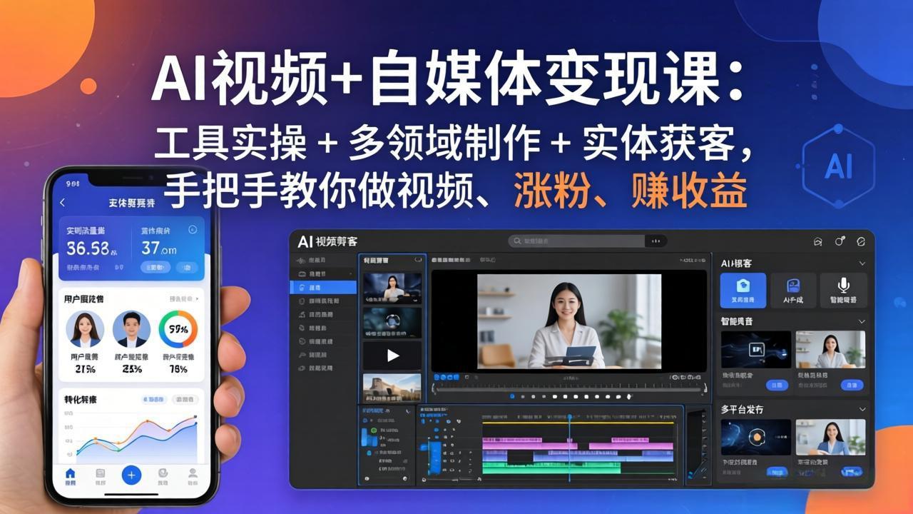 AI视频+自媒体变现课：工具实操 + 多领域制作 + 实体获客，手把手教你做视频、涨粉、赚收益 - 淘金派资源网