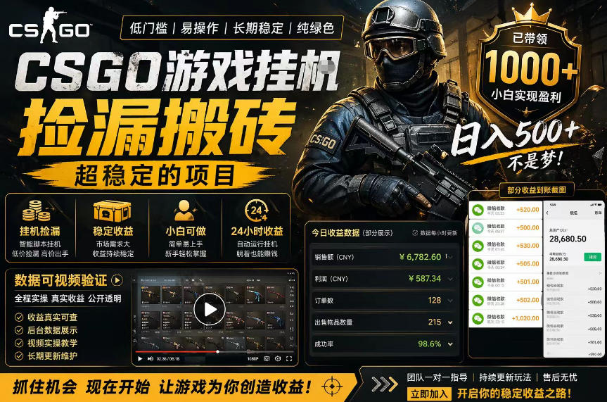 CSGO游戏搬砖，全自动挂G，不需要玩游戏，手机操作日入300+，解放双手【揭秘】 - 淘金派资源网