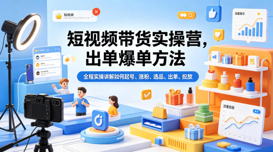 短视频带货实操营，出单爆单方法，全程实操讲解如何起号、涨粉、选品、出单、投放 - 淘金派资源网