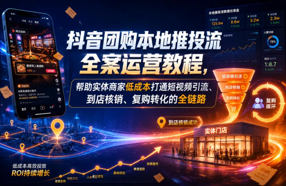 抖音团购本地推投流全案运营教程，帮助实体商家低成本打通短视频引流、到店核销、复购转化的全链路 - 淘金派资源网