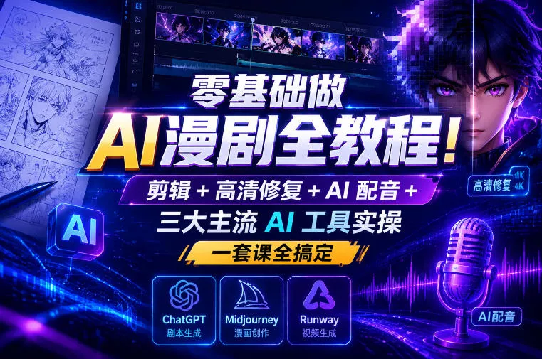 零基础做AI漫剧全教程！剪辑+高清修复+AI配音+三大主流AI工具实操，一套课全搞定 - 淘金派资源网