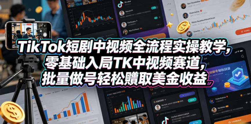 TikTok短剧中视频全流程实操教学，零基础入局TK中视频赛道，批量做号轻松賺取美金收益 - 淘金派资源网