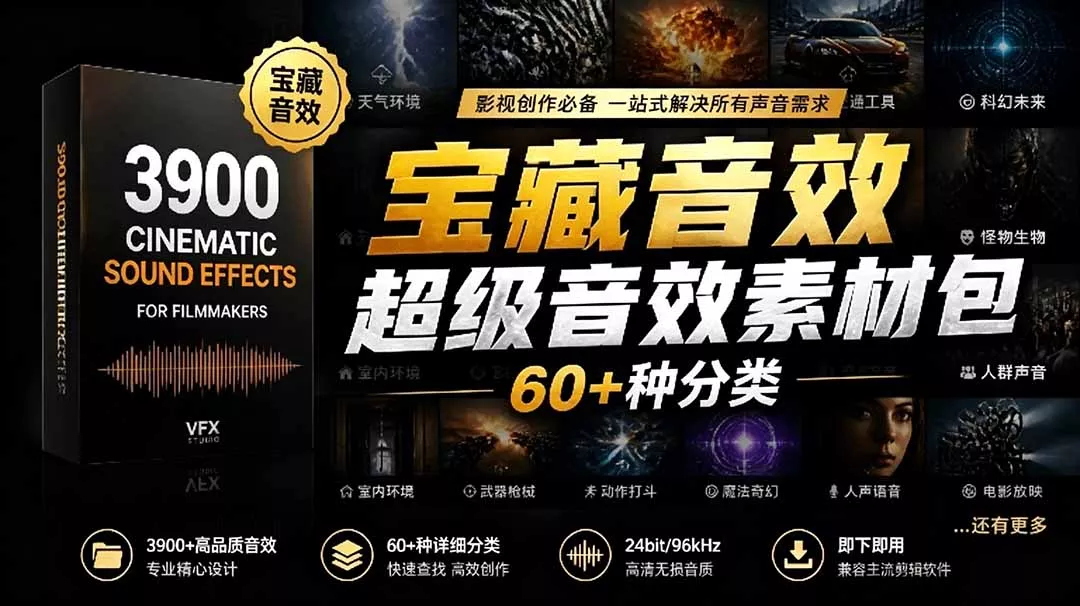 宝藏音效合集包！60+多种音效分类，共计3900个，分类清晰，全中文分类，高品质剪辑音效素材包 - 淘金派资源网