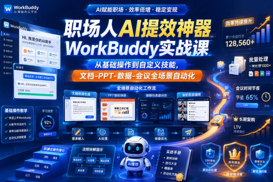 职场人AI提效神器WorkBuddy实战课，从基础操作到自定义技能，文档-PPT-数据-会议全场景自动化 - 淘金派资源网