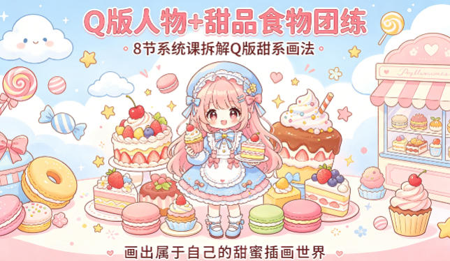 Q版人物+甜品食物团练，8节系统课拆解Q版甜系画法，画出属于自己的甜蜜插画世界 - 淘金派资源网