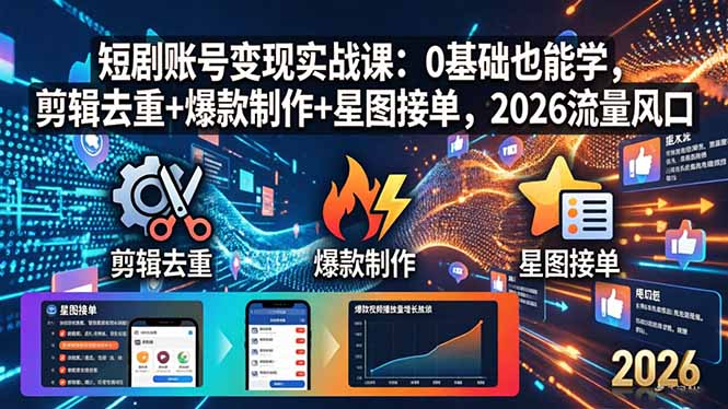 短剧账号变现实战课：0基础也能学，剪辑去重+爆款制作+星图接单，2026流量风口 - 淘金派资源网