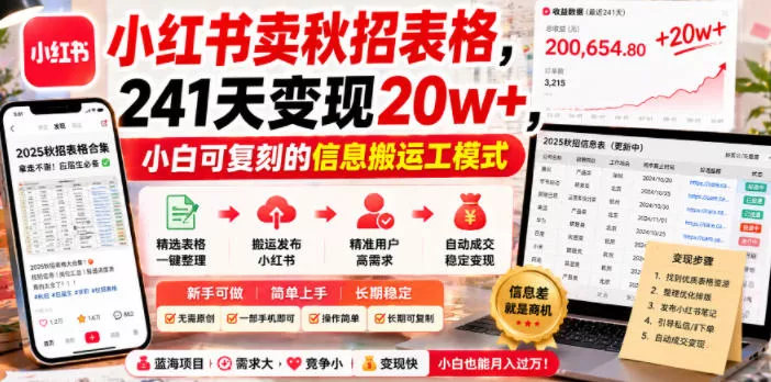 小红书卖秋招表格，241天变现20w+，小白可复刻的信息搬运工模式 - 淘金派资源网