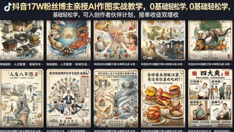 抖音17W粉丝博主亲授AI作图实战教学，0基础轻松学，可入创作者伙伴计划，接单收徒双增收 - 淘金派资源网