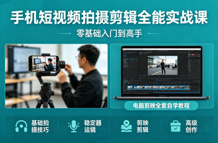 手机短视频拍摄剪辑全能实战课：零基础入门到高手，稳定器运镜+电脑剪映全套自学教程 - 淘金派资源网