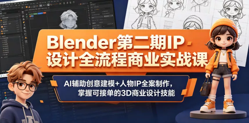 Blender第二期IP设计全流程商业实战课，AI辅助创意建模+人物IP全案制作，掌握可接单的3D商业设计技能 - 淘金派资源网