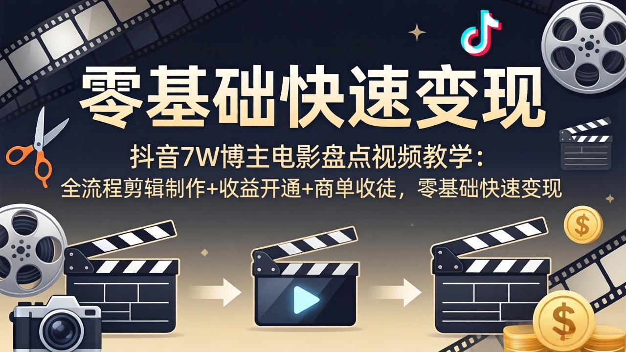 抖音7W博主电影盘点视频教学：全流程剪辑制作+收益开通+商单收徒，零基础快速变现 - 淘金派资源网