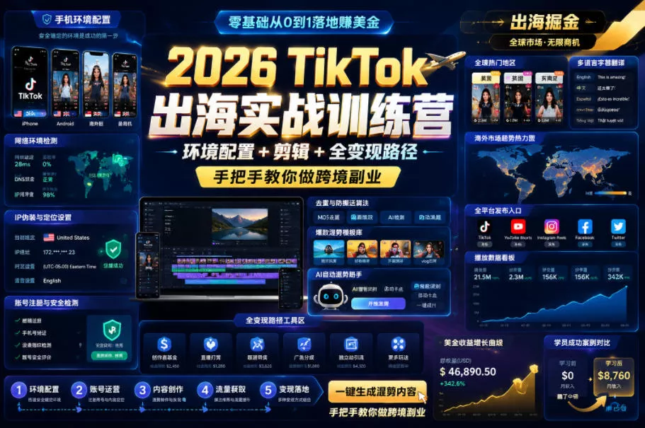 2026 TikTok出海实战训练营，环境配置 + 剪辑 + 全变现路径，手把手教你做跨境副业 - 淘金派资源网