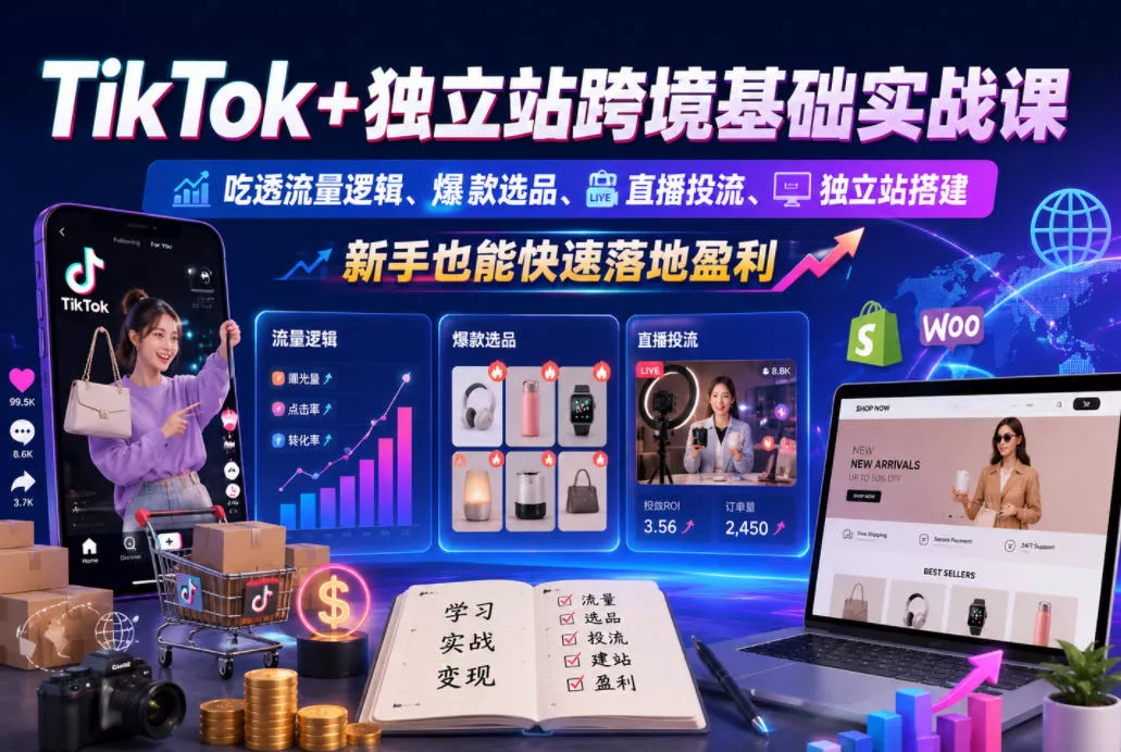 TikTok+独立站跨境基础实战课，吃透流量逻辑、爆款选品、直播投流与独立站搭建，新手也能快速落地盈利 - 淘金派资源网